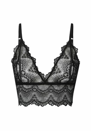 Zwarte kanten bralette met geschulpte randen, verstelbare bandjes en een bloemenpatroon. Zacht, doorschijnend materiaal met een driehoekige vorm.