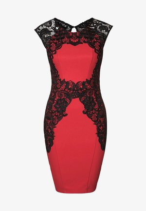 Czerwona sukienka bodycon z czarną koronką na wierzchu, ze falbaniastym dekoltem i wyciętymi koronkowymi detalami w talii. Gładki materiał, dopasowany krój.