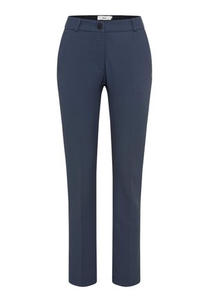Navy blue tailored pants made of a smooth fabric, featuring a button closure, belt loops, and a slim fit design with front pockets.