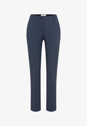 Marineblaue, taillierte Hose aus einem glatten Stoff, mit einem Knopfverschluss, Gürtelschlaufen und slim fit Design sowie vorderen Taschen.