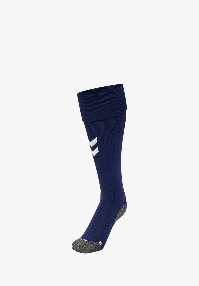 Granatowa podkolanówka wykonana z prążkowanej tkaniny z podwiniętym mankietem, zdobiona białym logo oraz szarym wzmocnionym noskiem i piętą.