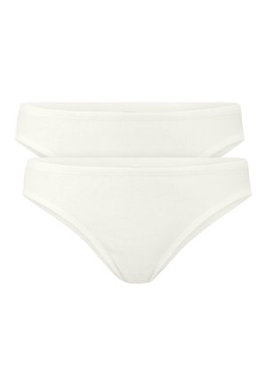 Weiße Baumwoll-Bikiniunterhosen mit glatter Textur, die ein einfaches Design und einen mittelhohen Bund aufweisen. Zwei übereinander gestapelte Paare, ohne Muster oder Akzente.