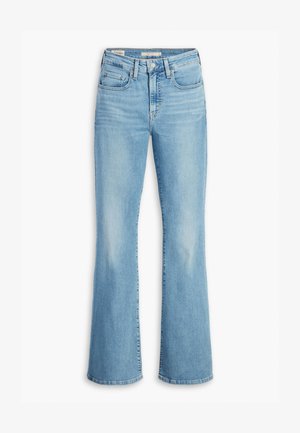 Light blue denim flared jeans with a high waist, featuring front pockets, a single button closure, and slight fading along the legs.