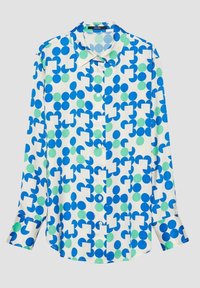 Chemise à manches longues boutonnée avec fond blanc et motif de cercles bleus et verts clairs ainsi que de formes géométriques.