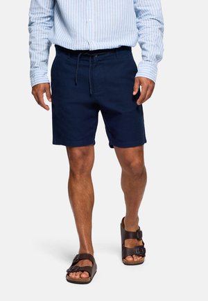 Hombre con pantalones cortos azul marino con cordón, camisa de manga larga a rayas azul claro y sandalias marrón oscuro con doble correa, caminando hacia adelante.