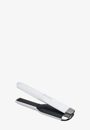 Lisseur de cheveux sans fil blanc avec plaques chauffantes noires et interrupteur sur le dessus, montré partiellement ouvert sur un fond blanc.