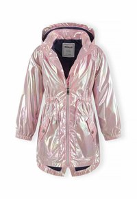 Imperméable à capuche pour enfants, rose iridescent, avec fermeture éclair à l'avant, taille ajustable, poches à rabat boutonnées et poignets élastiques.
