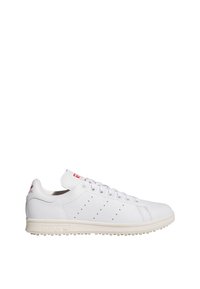 Vita lädersneaker med lågprofilskonstruktion, med perforerade detaljer, röda accenter och en texturerad krämfärgad sula.
