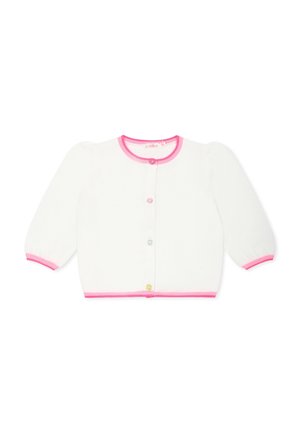 Hvid babycardigan med rosa kant på krave, manchetter og kant, med fire knapper i forskellige farver ned foran.