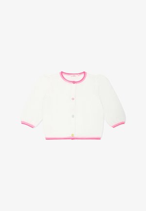 Biały sweterek dla niemowląt z różowym obszyciem na kołnierzyku, mankietach i dole, z czterema różnokolorowymi guzikami z przodu.