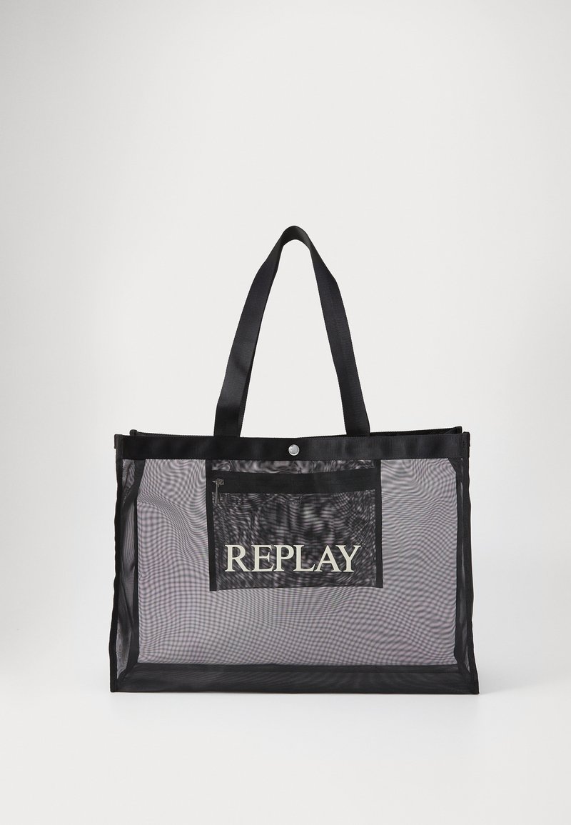 Black mesh tote bag with two sturdy handles, featuring a front pocket and "REPLAY" text in bold white font. Lightweight and transparent design.