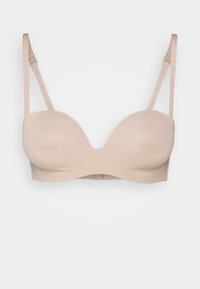 Beige gevormde push-up beha van gladde stof, met verstelbare banden en een haak-en-oogsluiting op de achterkant. Naadloos ontwerp voor comfort.