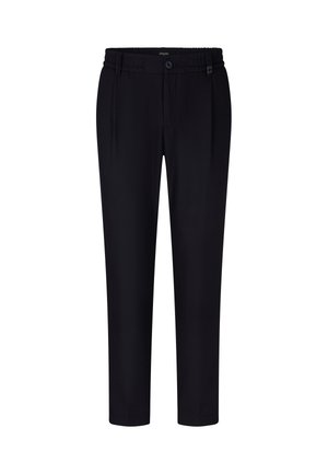 Pantaloni neri con un tessuto liscio, design affusolato, vita elastica, chiusura a un bottone e pieghe sottili per un ulteriore dettaglio.