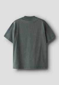 Dark gray short-sleeve t-shirt with a round ribbed collar, displaying a smooth cotton texture and a relaxed, boxy shape.