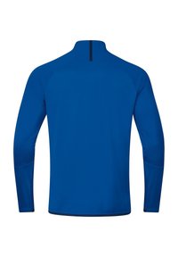 Maglietta sportiva blu a maniche lunghe con colletto alto e cerniera nera. Presenta un tessuto testurizzato e maniche raglan per una maggiore facilità di movimento.