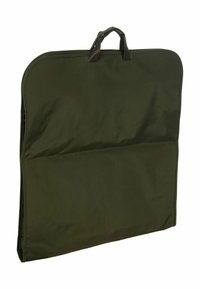 Funda de tela de color verde oliva con un asa superior, bordes redondeados y una textura suave. Se pliega de forma plana para un fácil almacenamiento. Sin hardware visible.