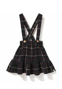 Czarna sukienka w kratę z krzyżowanymi regulowanymi ramiączkami, elastycznym paskiem w talii i falbaną na dole. Z wzorem w beżowo-czerwoną kratę oraz drewnianymi guzikami.