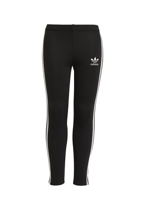 Leggings sportivi neri in tessuto elasticizzato, con strisce laterali bianche e un piccolo logo Adidas bianco sulla parte anteriore.