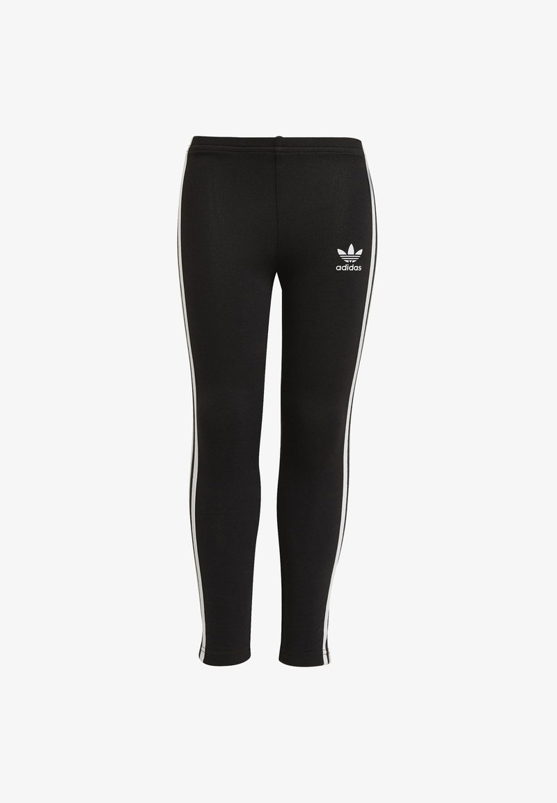 Leggings sportivi neri in tessuto elasticizzato, con strisce laterali bianche e un piccolo logo Adidas bianco sulla parte anteriore.
