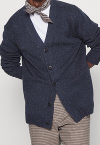 Tmavě modrý pletený cardigan s výstřihem do V, pěti černými knoflíky a žebrovanými manžetami. Nosený přes bílé triko a kostkované kalhoty.