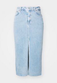 Light blue denim pencil skirt with a front slit, high waist, belt loops, and classic five-pocket design. Faded texture enhances appearance.