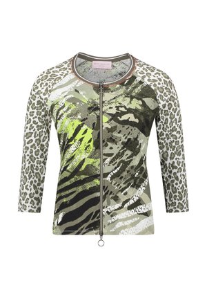 Jas met ritssluiting met een mix van dierenprints in groen, grijs en zwart. Gemaakt van gestructureerde stof met driekwart mouwen.