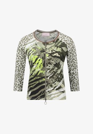 Jas met ritssluiting met een mix van dierenprints in groen, grijs en zwart. Gemaakt van gestructureerde stof met driekwart mouwen.