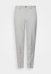 Jasnoszare spodnie wykonane z teksturowanej tkaniny, o prostym kroju nogawek, zamykane na jeden guzik oraz z przednimi kieszeniami.
