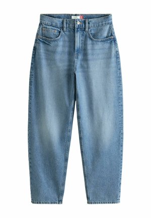 Svetlomodré džíny s vysokým pásom vyrobené z denimu. Majú rovný, široký strih, päť vreciek a zapínanie na gombík. Hladká textúra.
