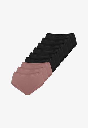 Lot de sous-vêtements hipster en coton pour femmes, en noir et mauve. Caractérisés par une texture lisse et une ceinture élastique. Huit pièces au total.