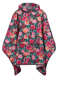 Kwiatowy ponczo z czarnego materiału z różowymi, czerwonymi i pomarańczowymi wzorami róż. Zawiera kaptur i przednią kieszeń. Luźny krój.