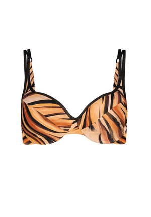 Biustonosz z drutem, w odważny pomarańczowo-czarny wzór w paski tygrysa, z regulowanymi czarnymi ramiączkami i gładką teksturą materiału.