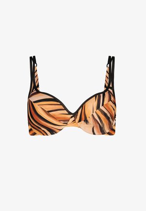 Biustonosz z drutem, w odważny pomarańczowo-czarny wzór w paski tygrysa, z regulowanymi czarnymi ramiączkami i gładką teksturą materiału.