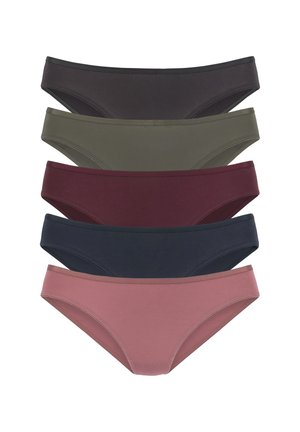 Fünf Paare Damenunterwäsche in verschiedenen Farben: dunkelbraun, olivgrün, burgunderrot, marineblau und staubrosa. Glattes Material, schlichtes Design.