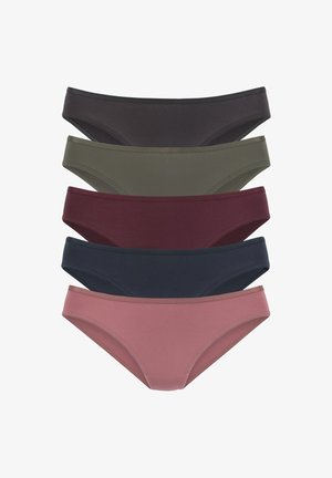 Fünf Paare Damenunterwäsche in verschiedenen Farben: dunkelbraun, olivgrün, burgunderrot, marineblau und staubrosa. Glattes Material, schlichtes Design.