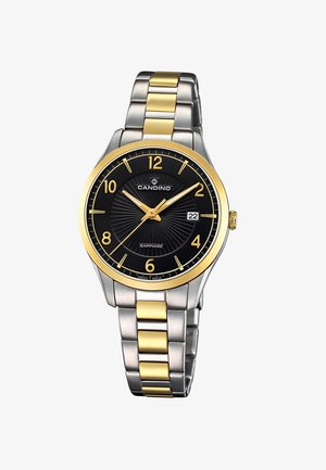 Montre-bracelet bicolore argent et or avec cadran noir, chiffres dorés, affichage de la date à 3 heures et logo "Candino" sur le cadran.