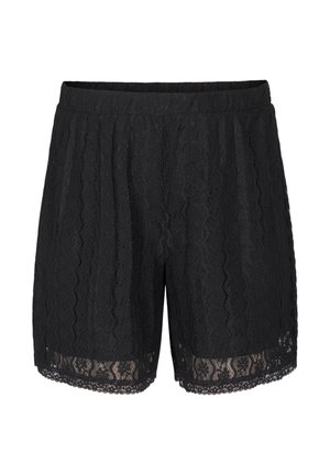 Black lace shorts with a textured zigzag pattern, featuring a scalloped hem and an elastic waistband for a relaxed fit.