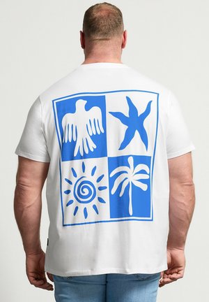 Mand iført hvid T-shirt med blåt firepanel-grafik med ørn, søstjerne, sol og palme, set bagfra.