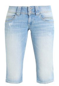 Světle modré denimové capri kalhoty s vybledlým vzhledem, s dvojitým zapínáním, pěti kapsami a jemnými švy.