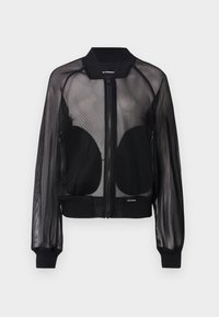Black mesh bomber jacket with a zip front, ribbed cuffs and hem, and two zippered front pockets. Lightweight and sheer fabric.
