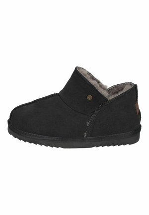 Black suede ankle boots with a soft, furry lining, a rounded toe, and a slip-on design. Features stitched accents and a rubber sole.