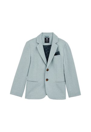 Blazer bleu clair en tissu texturé avec deux boutons marron, deux poches avant et une doublure intérieure à motifs bleu marine.