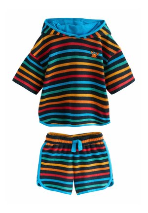 Gestreepte hoodie en shorts set gemaakt van zachte stof; levendige kleuren zijn rood, oranje, groen en blauw. Voorzien van een krab logo en een trekkoord.