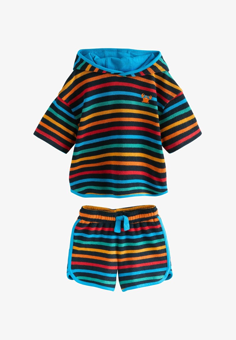 Striped hoodie and shorts set made of soft fabric; vibrant colors include red, orange, green, and blue. Features a crab logo and drawstring.