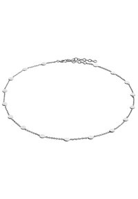 Silberne Kettenhalskette mit runden Gliedern, abwechselnd mit flachen, runden Metallscheiben. Verstellbare Länge mit einem Karabinerverschluss.