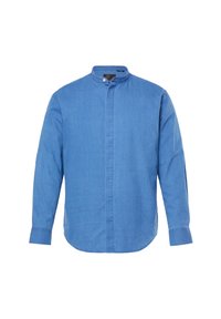 Blauwe lange mouw hemd van zachte katoen, met een bandkraag en een rechte snit. De stof heeft een gladde textuur met subtiele stikseldetails.