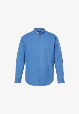 Blauwe lange mouw hemd van zachte katoen, met een bandkraag en een rechte snit. De stof heeft een gladde textuur met subtiele stikseldetails.