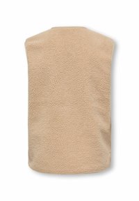 Bežs flīsa bez piedurknēm veste ar mīkstu, teksturētu virsmu. Apaļa dekoltē, nav redzamu aizdaru, minimālas šuves un vienkārša forma.