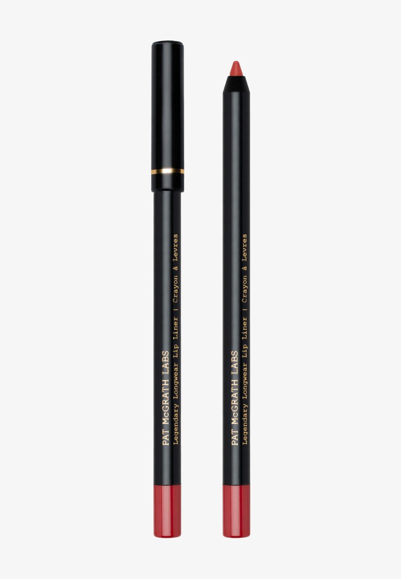 Red lip liner pencil set featuring a matte black casing with gold text, one capped and one sharpened, with a smooth, pointed tip.