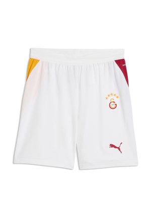 Weiße Sportshorts mit roten und gelben Seitenakzenten, mit rotem Puma-Logo und einem Galatasaray-Fußballvereinswappen mit fünf Sternen.
